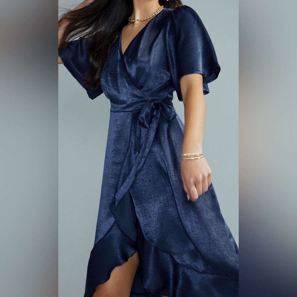 Silk Dress Margot Satin Wrap Navy Blue Party Audrey Soft Francesca’s Holiday - Picture 14 of 15